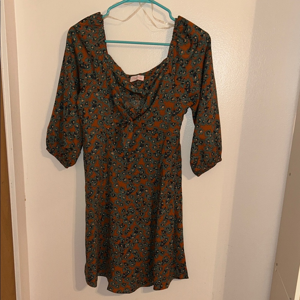 Pink Lily Floral Mini Dress - Orange and Blue/Green
